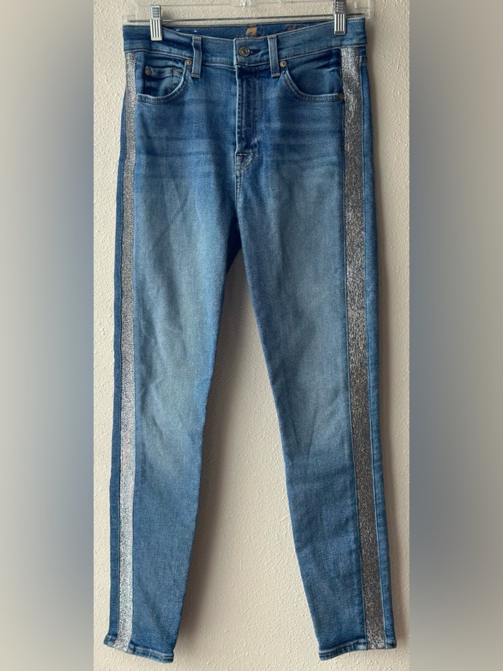7 For All Mankind Luxe Vintage High Waist Skinny Jeans Silver Glitter Stripe